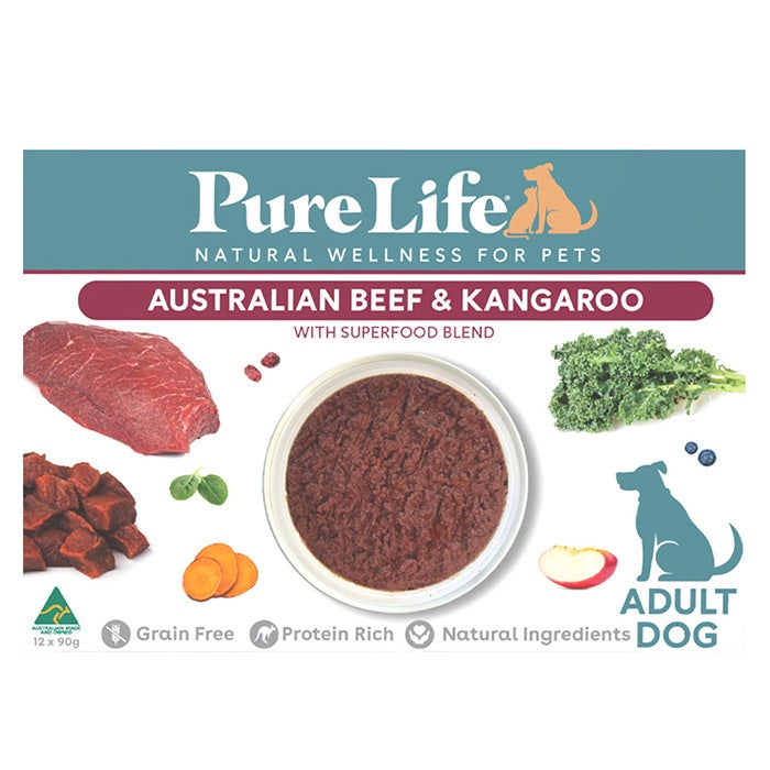 Pure Life Beef & Roo Adult Dog Wet Food Pouch 90g x 12 - front pack