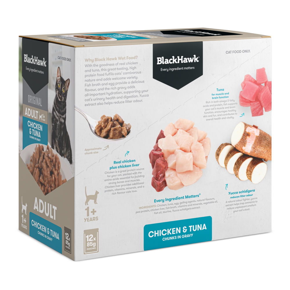 Black Hawk Original Adult Chicken & Tuna in Gravy Wet Cat Food 85g × 12