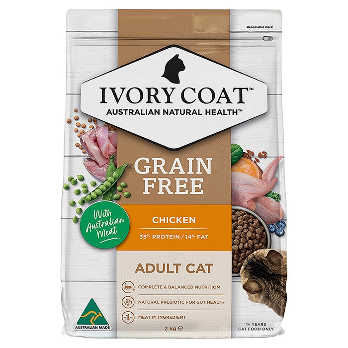 Ivory Coat grain-free cat food package with chicken flavor on a white background