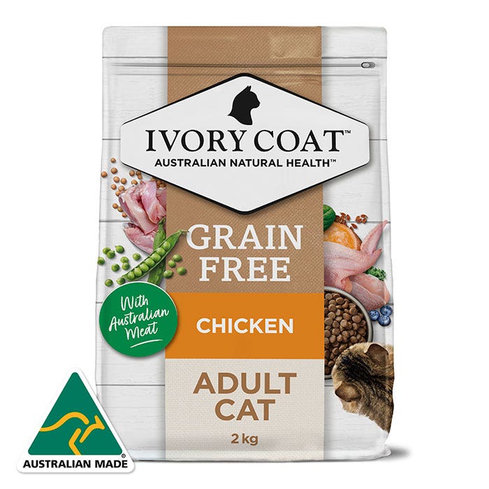 A 2 kg bag of Ivory Coat Grain Free Chicken Adult Cat food, featuring a white and brown packaging design with illustrations of raw chicken, peas, and a cat, alongside an Australian Made badge.