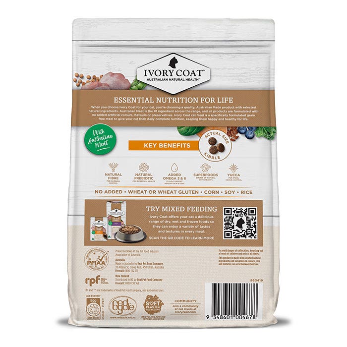 A bag of Ivory Coat cat food, specifically their 'Essential Nutrition for Life' dry cat food, shown from the back panel. The packaging is white with brown and beige sections, featuring product details, ingredients, and a barcode.