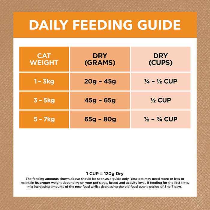Daily feeding guide for cats on a brown background