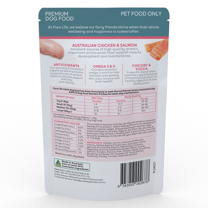 Pure Life Chicken & Salmon Adult Dog Wet Food Pouch 90gx12