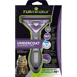 Furminator Undercoat Shedding Tool in its retail packaging, featuring a purple and gray grooming brush with a cat illustration on the front.