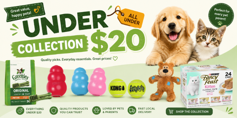 Promotional collage for a pet collection under $20, featuring a golden retriever puppy, a tabby kitten, a teddy bear toy, Greenies dog treats, colorful plastic toy eggs, and a box of KONG cat treats on a light green background with large text reading 'UNDER COLLECTION $20'.
