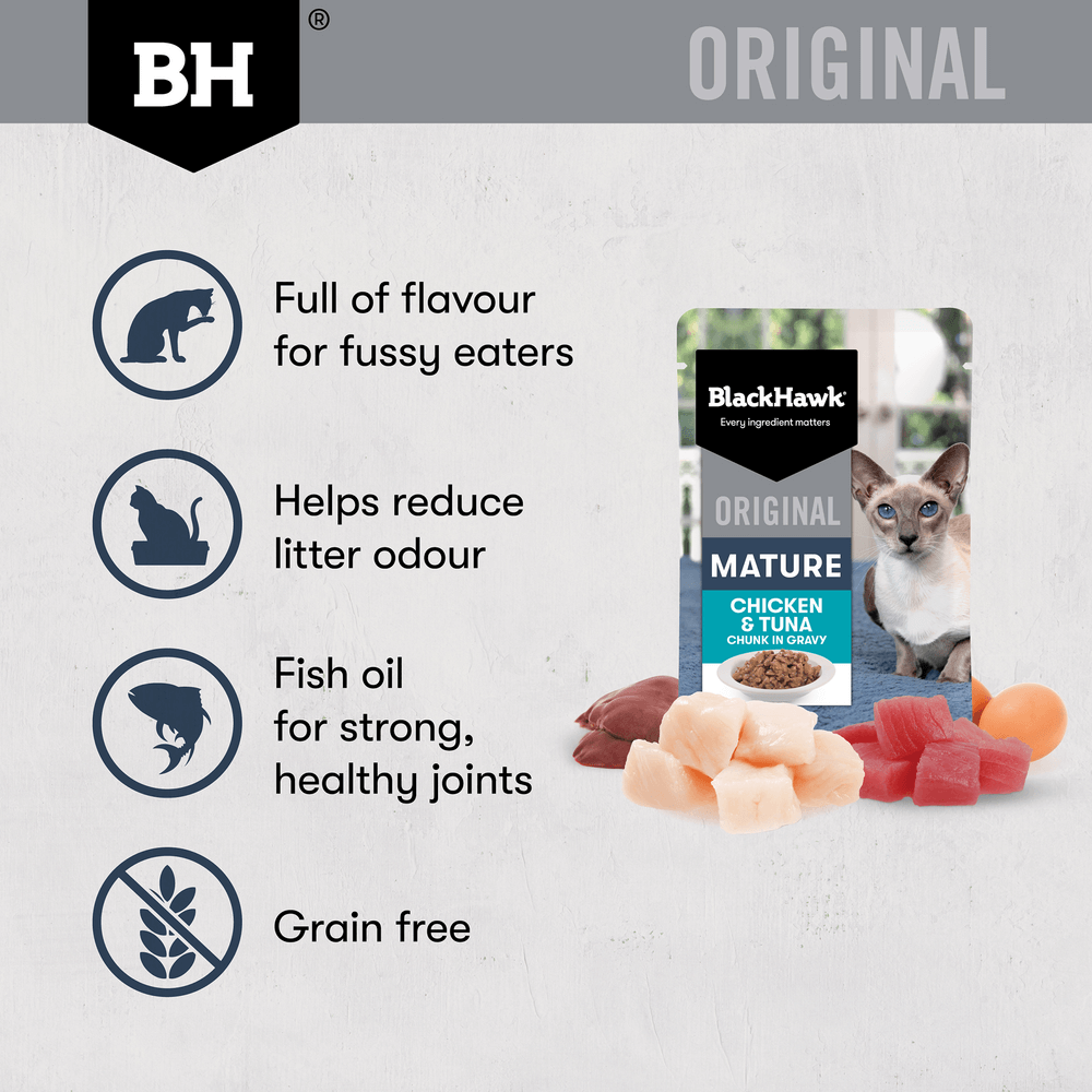 Black Hawk Original Mature 7+ Chicken & Tuna in Gravy Wet Cat Food 85g × 12