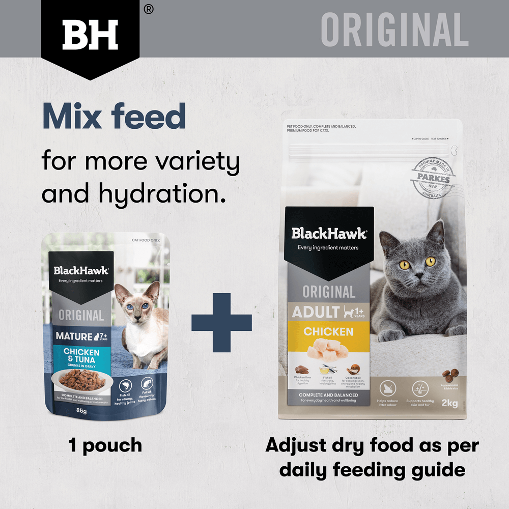 Black Hawk Original Mature 7+ Chicken & Tuna in Gravy Wet Cat Food 85g × 12