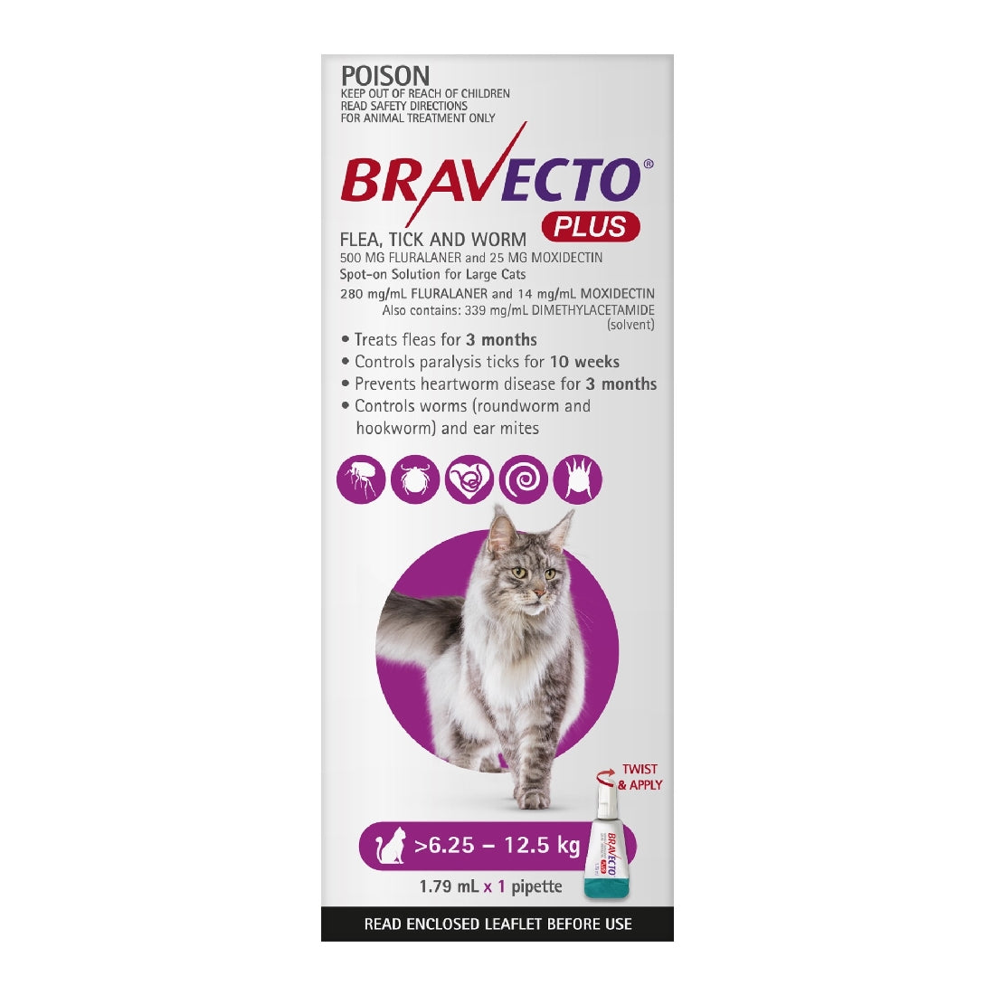 Bravecto Plus for Large Cats 6.25-12.5kg Purple