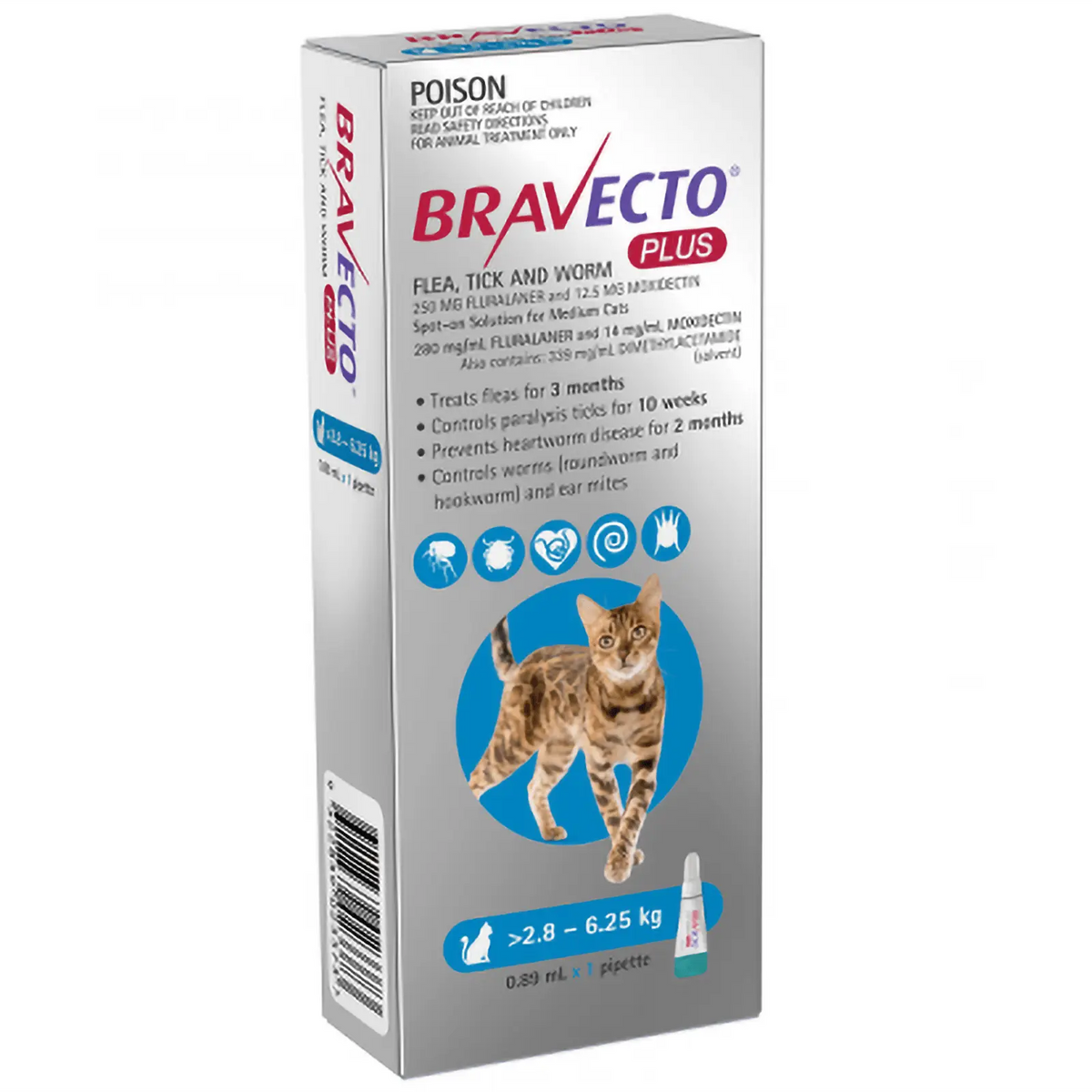 Bravecto Plus for Medium Cats 2.8-6.25kg Blue