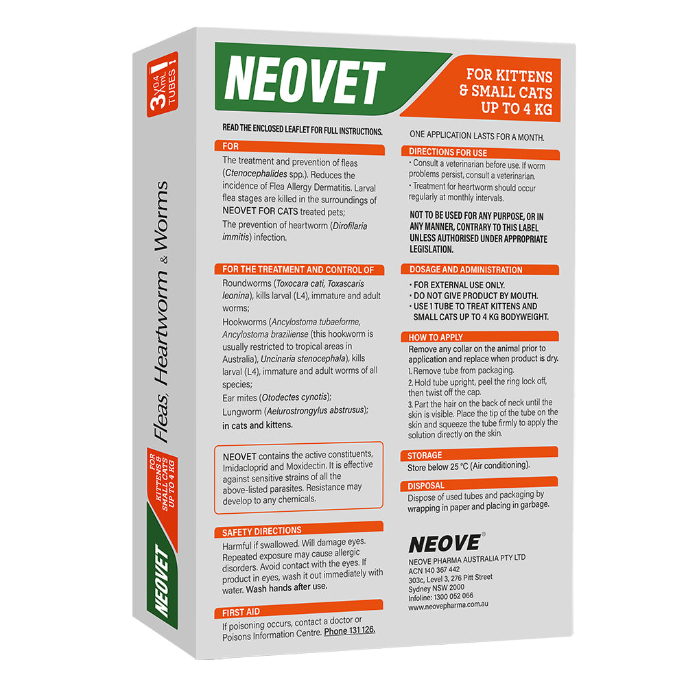 Neovet Flea, Heartworm & Worm Treatment for Kittens & Small Cats Up to 4kg 6 Pack